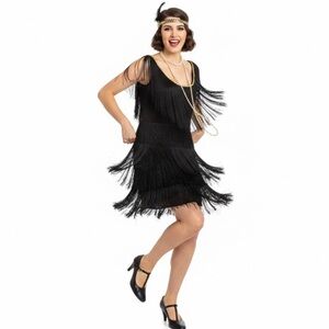 Jerry Beck for Charades Black Fringe Fashion  Flapper Dress - Size Small